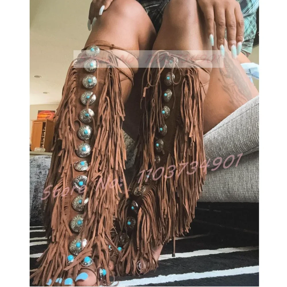 Tassels Open Toe Gems Knee High Sandals Women Gladiator Lace Up Faux Suede High Heels Shoes Ladies Fashion Party Sexy Sandals