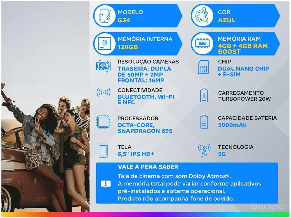 Smartphone Motorola Moto G34 128GB Blue 5G 4GB + 4GB RAM Boost 6,5 "Camera. Double + Selfie 16MP Dual Chip