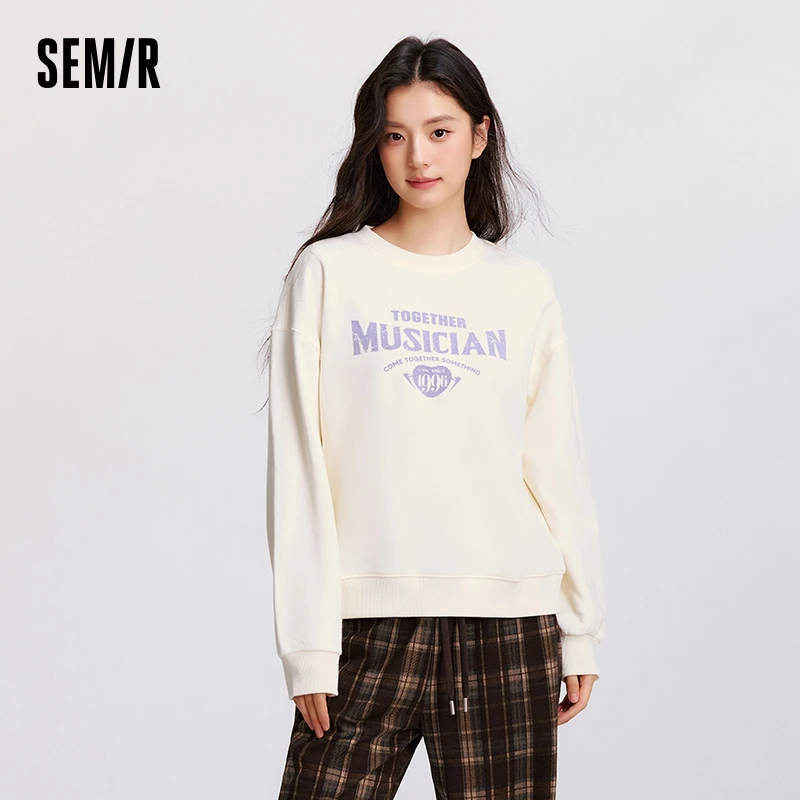 Semir Sweatshirt Women Letter Dropped Shoulder Round Neck Top Loose Trendy Personality Winter White Polar Fleece Retro Pullover