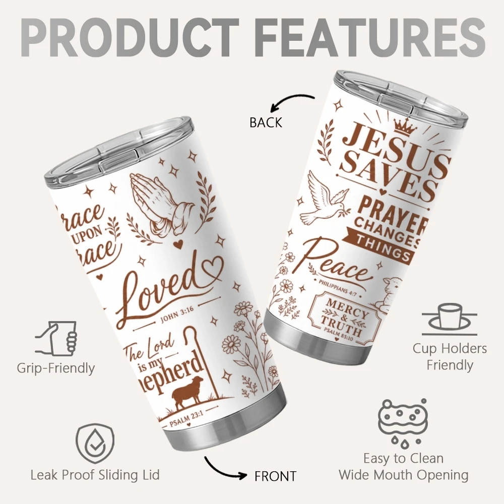 Biblical Faith Vacuum Flasks 20oz Stainless Steel Tumbler with 2 Lids & Reusable Straw Vacuum Insulated Travel Mug