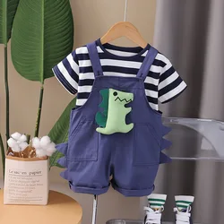 Kids Summer Sets 2024 Baby Boy Clothes 9 To 12 Months Cute Striped Dinosaur Short Sleeve T-shirts and Shorts Children's Clothing