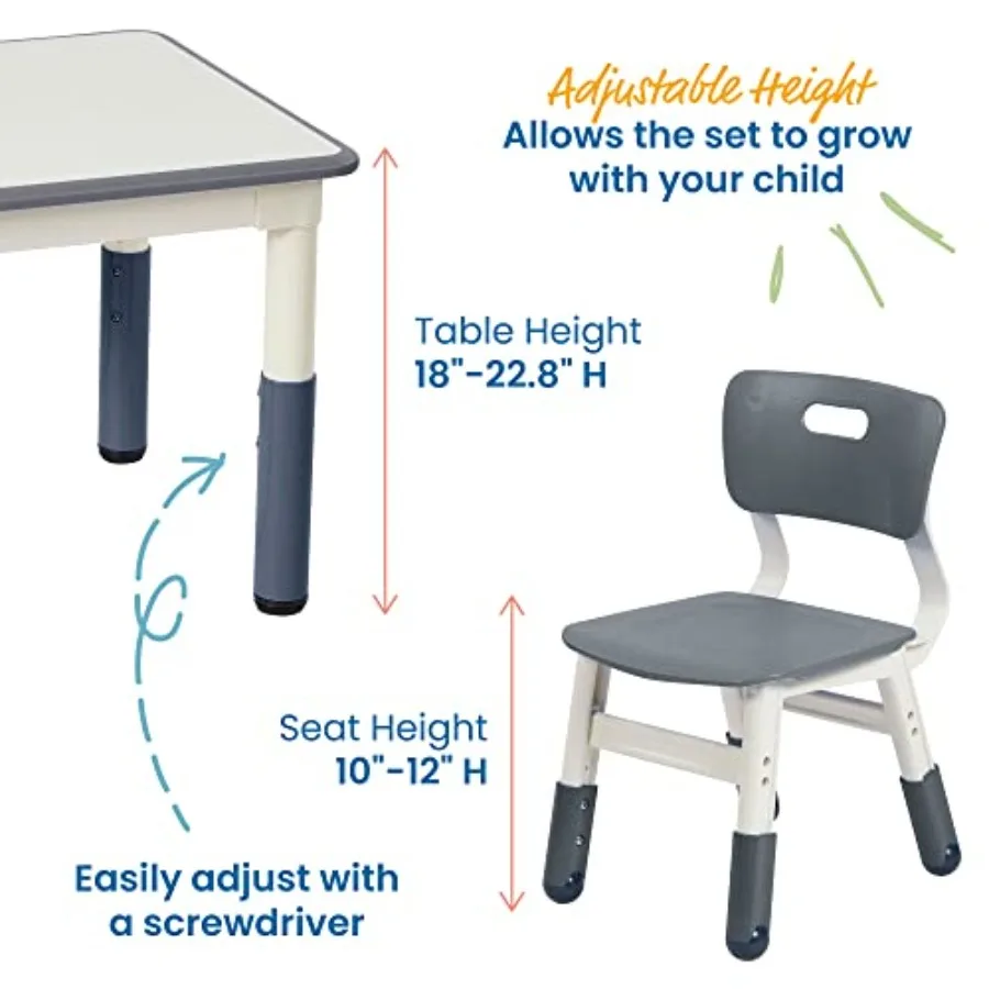 ECR4 Dry-Erase Rectangular Activity Table with 2 Chairs Adjustable Furniture Grey 3-Piece