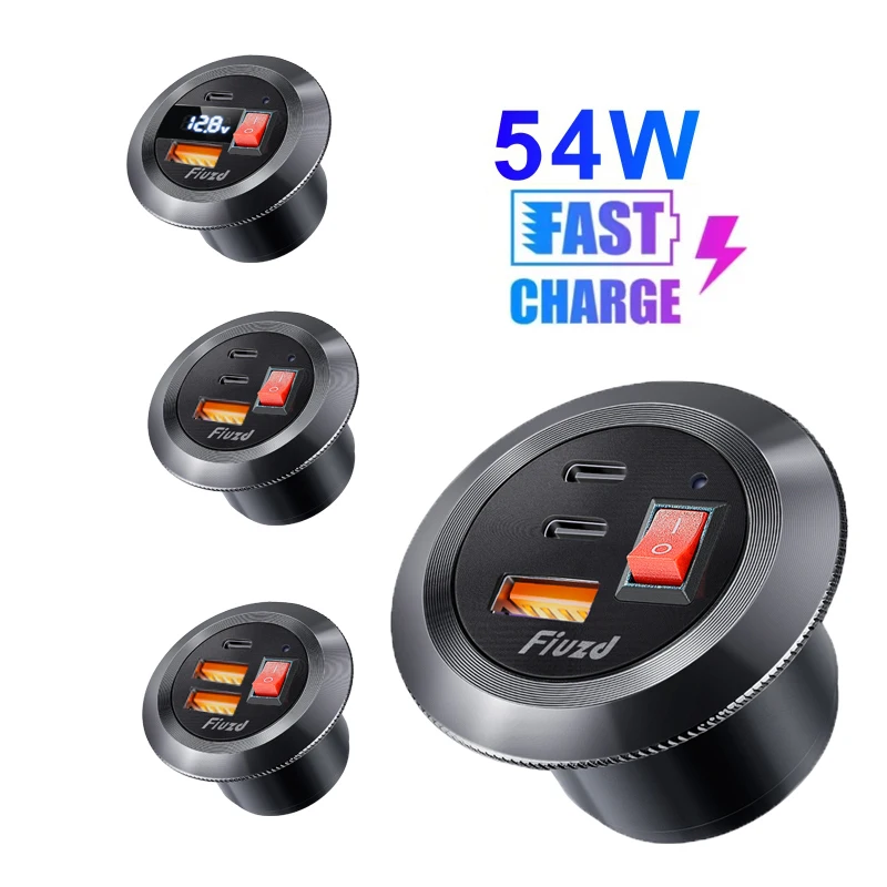 

12V/24V USB Car Charge adapter PD Type-C Fast Charging Outlet Socket with Voltmeter Motorcycle Power Outlet Charge Adapter