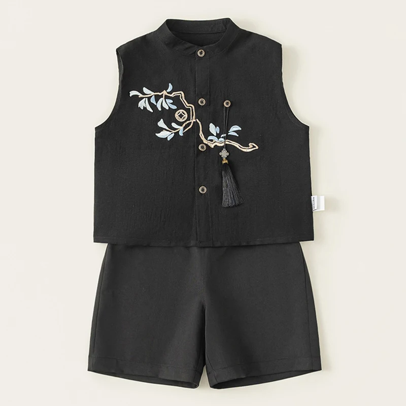 

Summer Toddler Boys Boutique Clothing Chinese Style Fashion Embroidery Flowers Sleeveless Baby Tops+Shorts Kids Clothes BC270