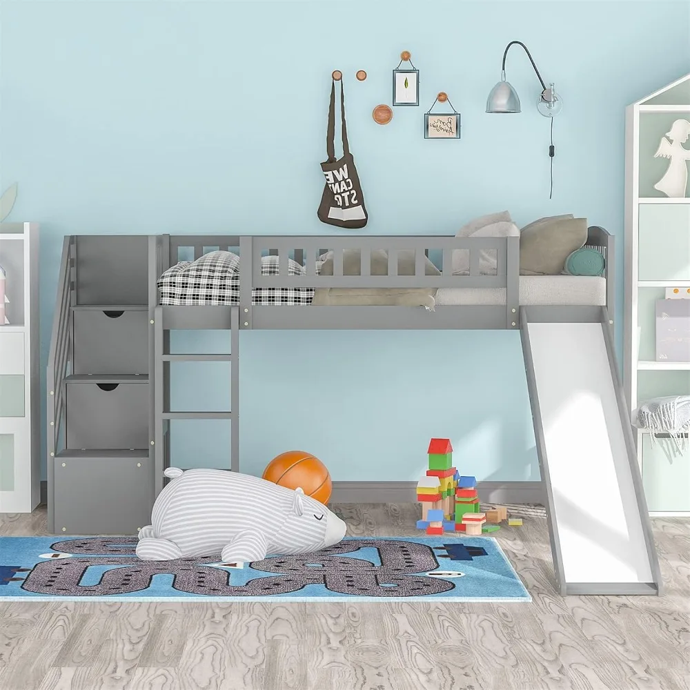 Twin Loft Bed with Slide for Kids, Wood Slide Loft Bed with Stairs and Built-in Ladder, No Box Spring Needed,Grey