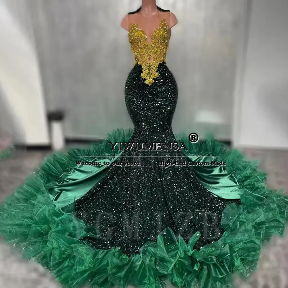 

Sparkly Sequins Mermaid Prom Dresses For Black Girls Gold Beaded Stones O Neck Evening Gowns Customized Women Birthday Clothing