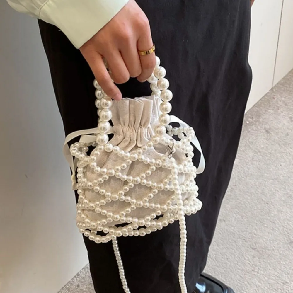 Pearl Woven Hollow Net Pocket Handbag Summer Pastoral Style Pearl Drawstring Pocket Sweet Beaded Women Shoulder Crossbody Bag