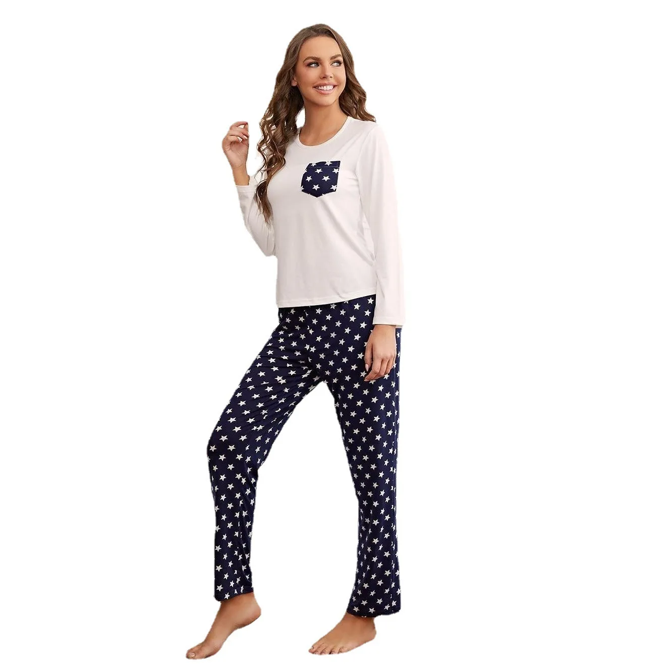 

Home Clothing Set, Autumn And Winter Sleeved Top, Polka Dot Long Pants, Home Pajamas For Women
