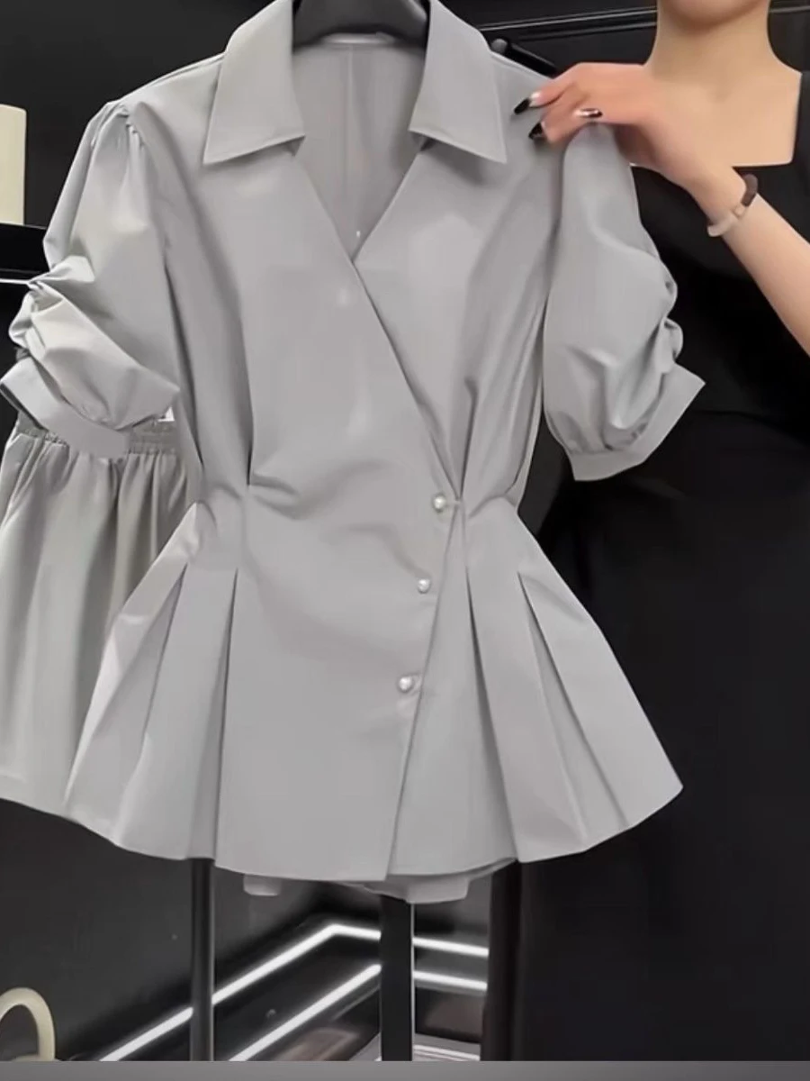 Casual Style Grey Neck Short Sleeve Shirt Women's Fashion Lazy Trend Summer New Super Beautiful Versatile Casual Top