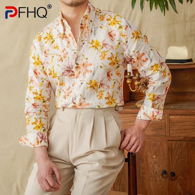 

PFHQ Summer Linen Breathable Slim Fit Long Sleeved Shirt Printed 2024 Contrast Color Turn-down Collar Male Tops 21Z5710