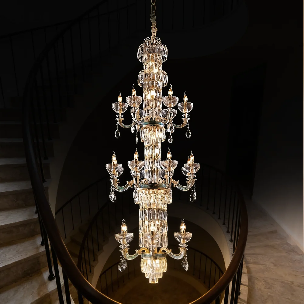 

French-Style Three-Tier Spiral Staircase Foyer Crystal Chandelier K9 Copper Chandelier High-End Luxury Chandelier Customization
