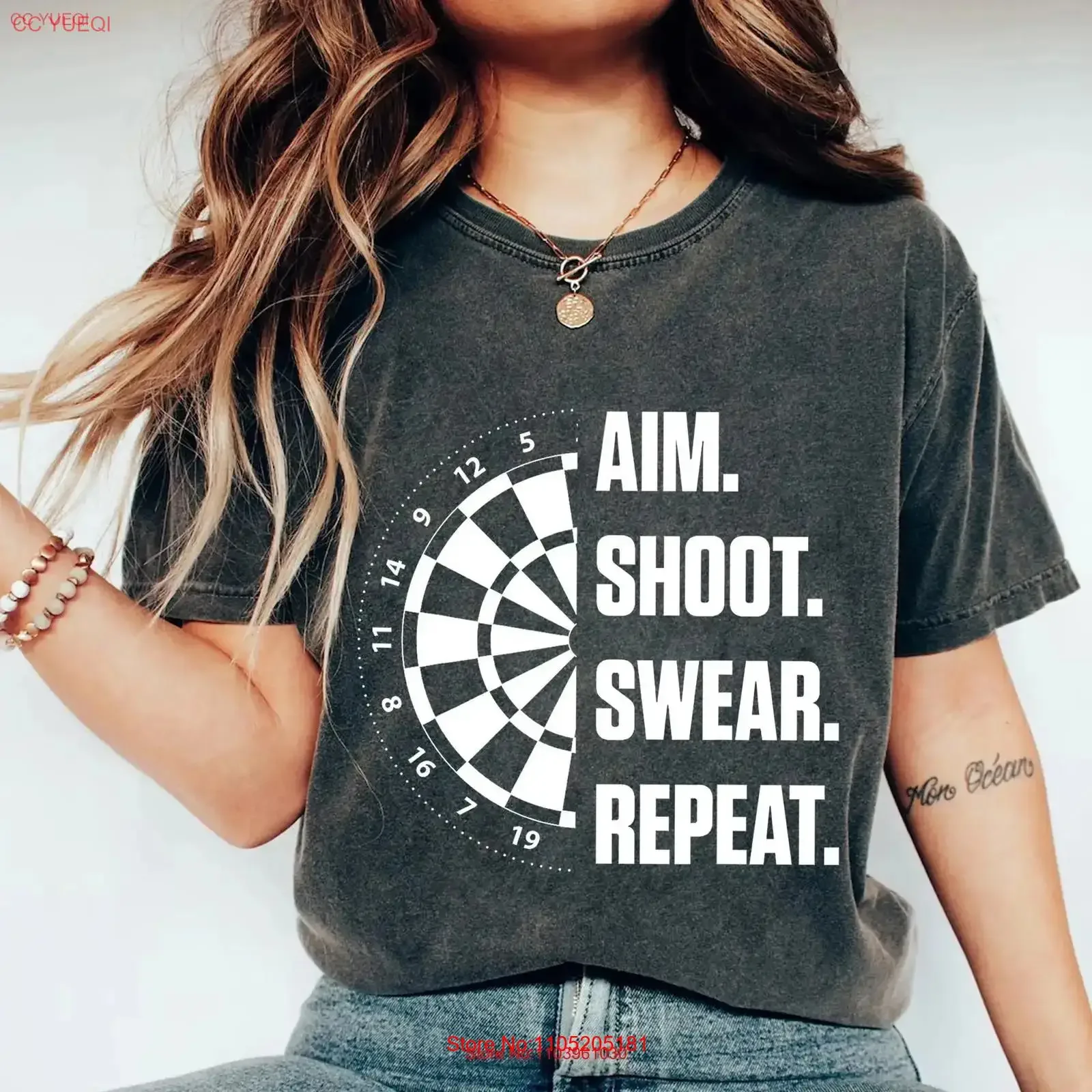 Funny Darts T Shirt for Dartboard Players Aim Shoot Swear Repeat Bar Games Lovers Tournament Idea vintage Washed streetwear