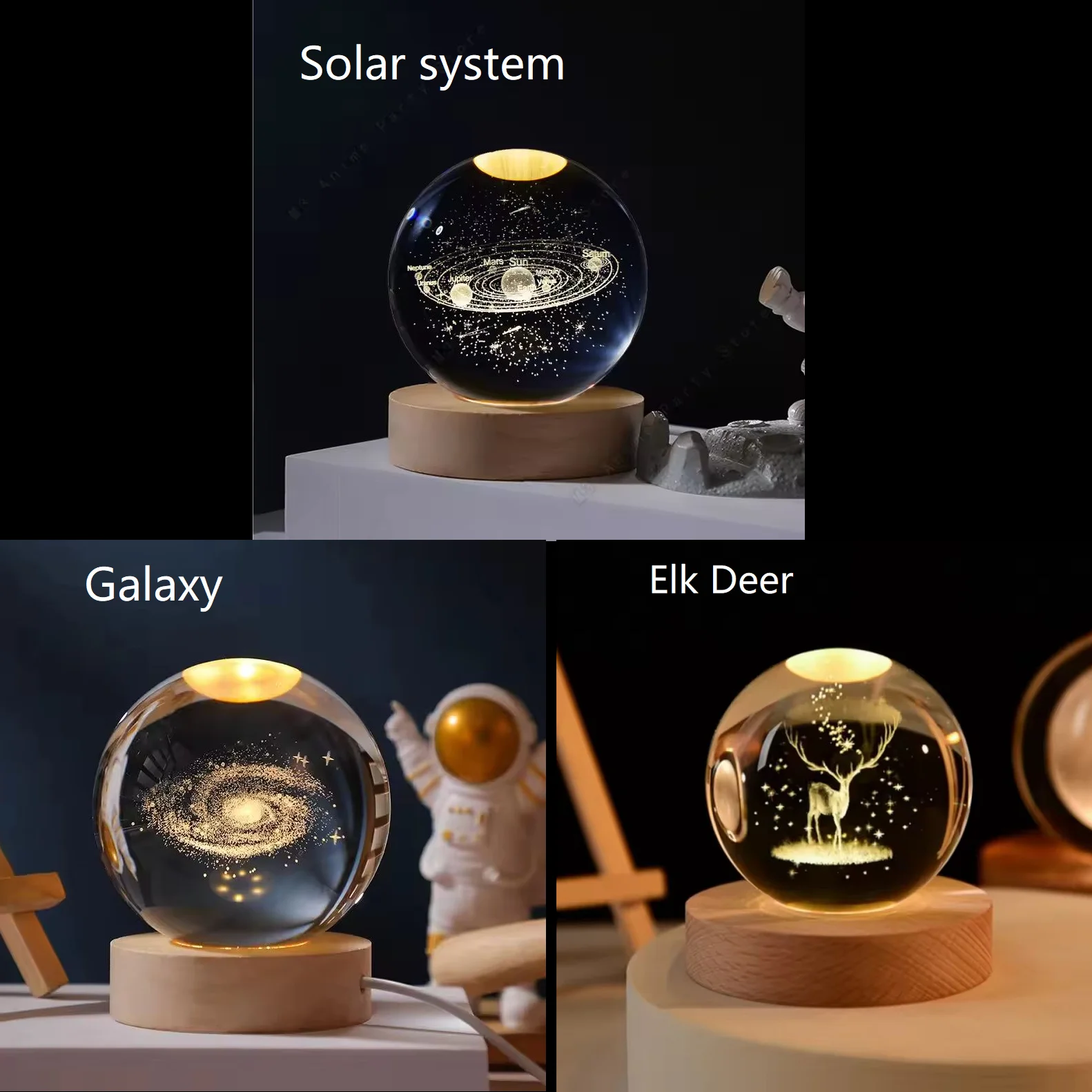 1set 3D Solar System Crystal Ball LED Night Light USB Elk Deer Saturn Planet Glass Sphere Atmosphere Lamp for Bedroom Gift