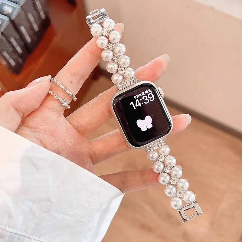 

Легкий роскошный светский жемчужный браслет, совместимый с ремешком iWatch 38 мм, 40 мм, 41 мм, 42 мм, 44 мм, 45 мм, 49 мм, ремешок ручной работы