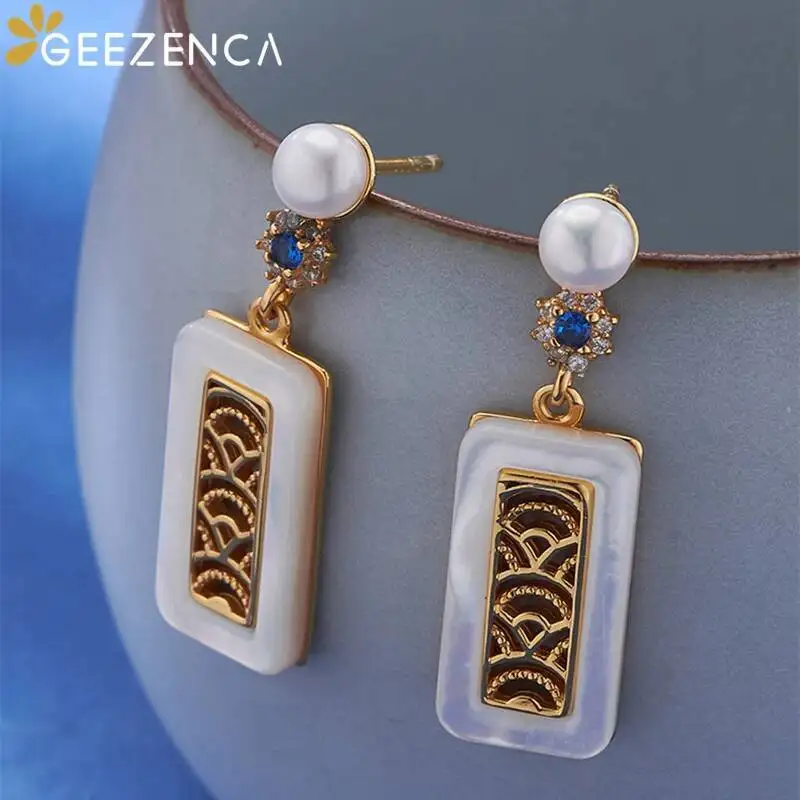 GEEZENCA Natural Pearls White Mother of Pearl 925 Silver Garden Window Dangle Earrings For Women Ethnic Chic Earring 2024 Gift