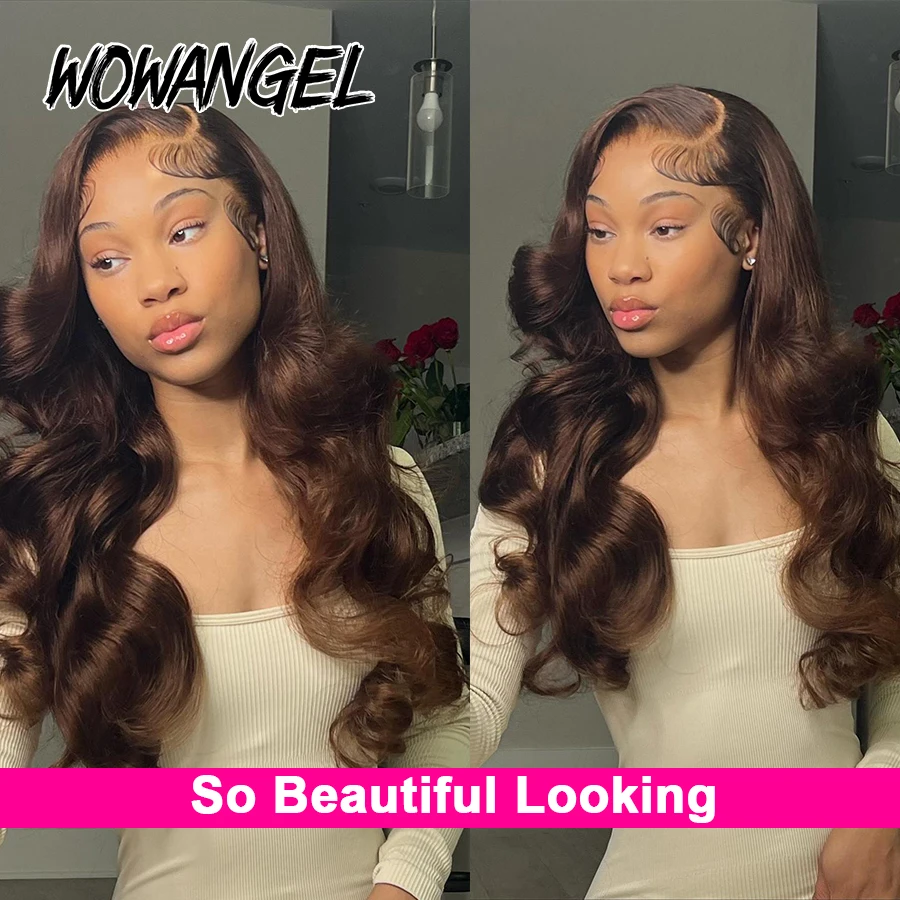 Wow anjo chocolate marrom hd peruca frontal do laço onda do corpo 250% 13x6 hd frente do laço perucas de cabelo humano derreter skins remy peruca frontal completa