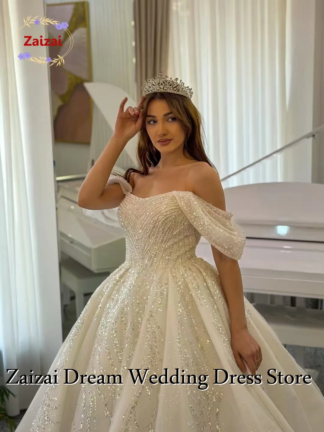Customized Luxury Ball Gown Off Shoulder Royal Wedding Dresses Sweetheart Collar Lace Sequined Bridal Gown Vestido De Novia