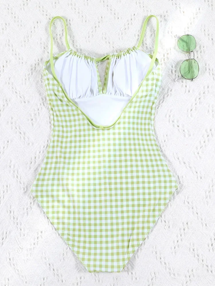 Miyouj String One Piece Suit Bandage Swimwear Women's Swimsuit Plaid Print Bathing Suit Sexy Swimming Wear Beach Monokini Summer