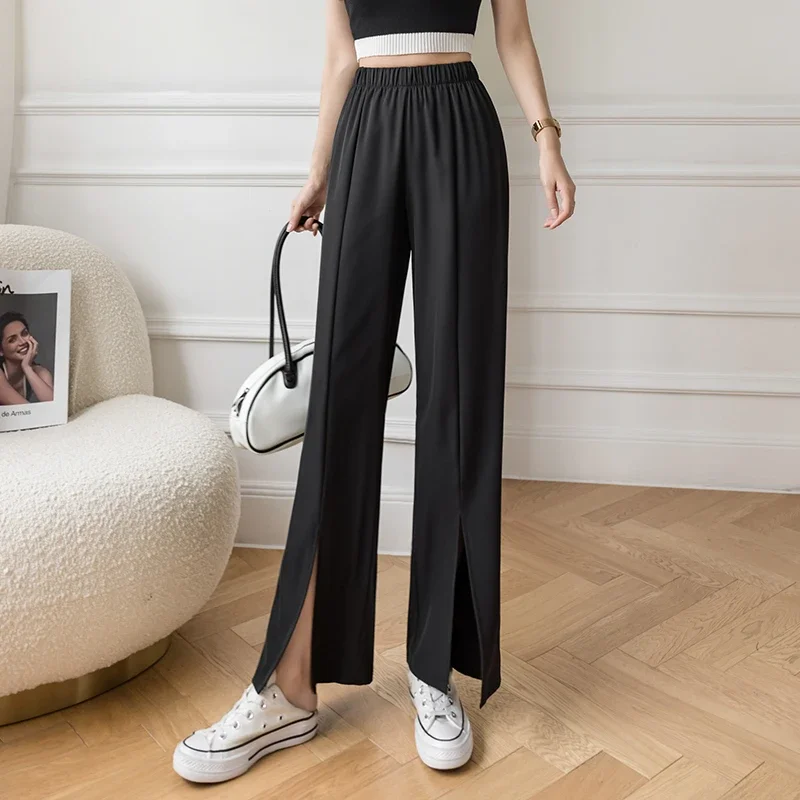 Women Spring Summer Solid Color Office Lady Long Trousers Female Chic Loose Pants Casual Elastic High Waist Slit Straight Pants