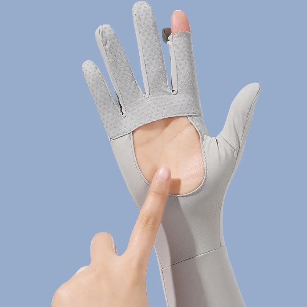 Fashion Solid Color Long Sleeve Non-slip Flip Ice Silk Arm Sleeve Breathable Cooling Sunscreen Sleeve Gloves Running