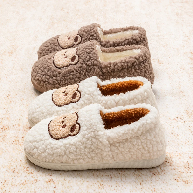 Lovely Bear Fluffy Fur Indoor Slippers Women Winter 2026 Comfortable Lambswool Slippers Couple's Warm Plush Home Cotton Shoes