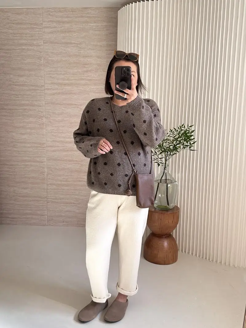 

Женский зимний вязаный свитер большого размера с круглым вырезом, из велюра с принтом в горошек, универсальный, для повседневной носки, с длинными рукавами, свободного кроя