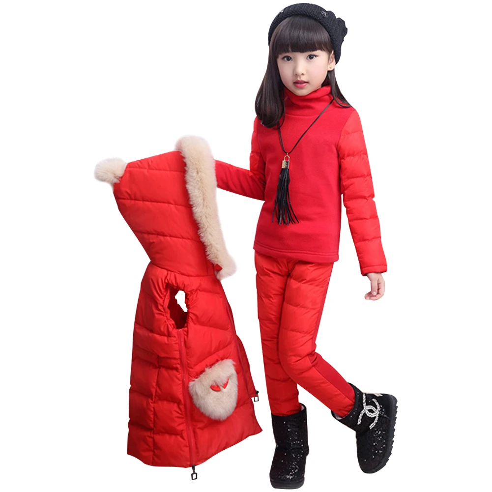 Girl Winter Suits Hooded Warm Vest Jacket + Sweater Tops+ Cotton Pants 3-Piece Casual Kids Clothes Set