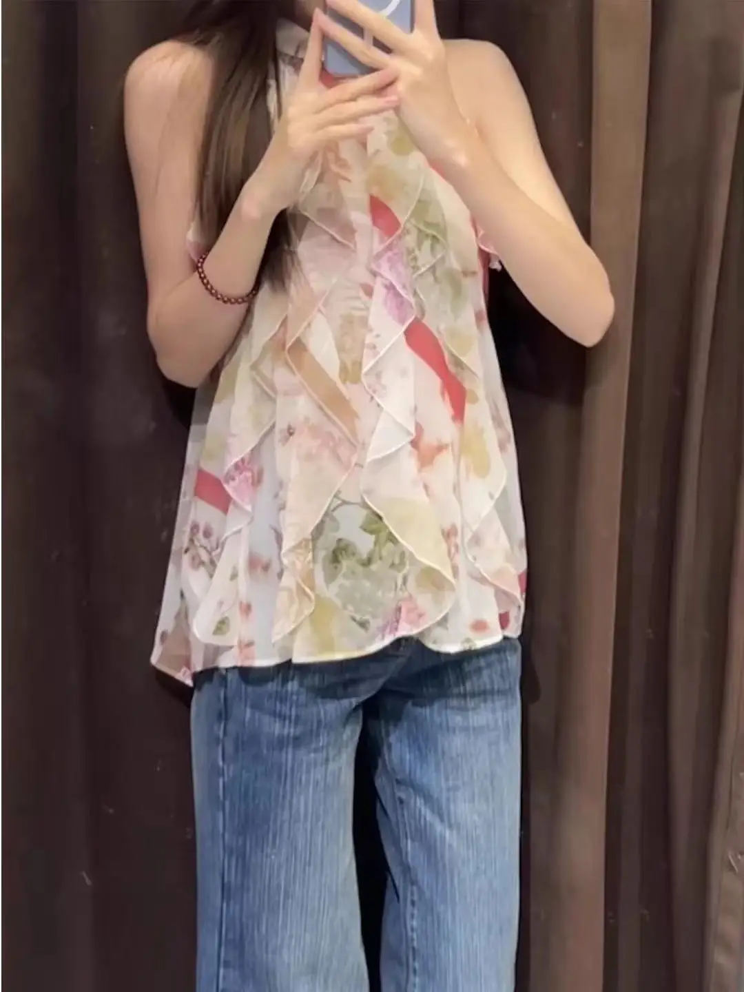 

Summer 2025 New Women's Pink Floral Print Svel oulder Bared Vest Top Outerwear Loose Fit French Sle Polyester Fiber