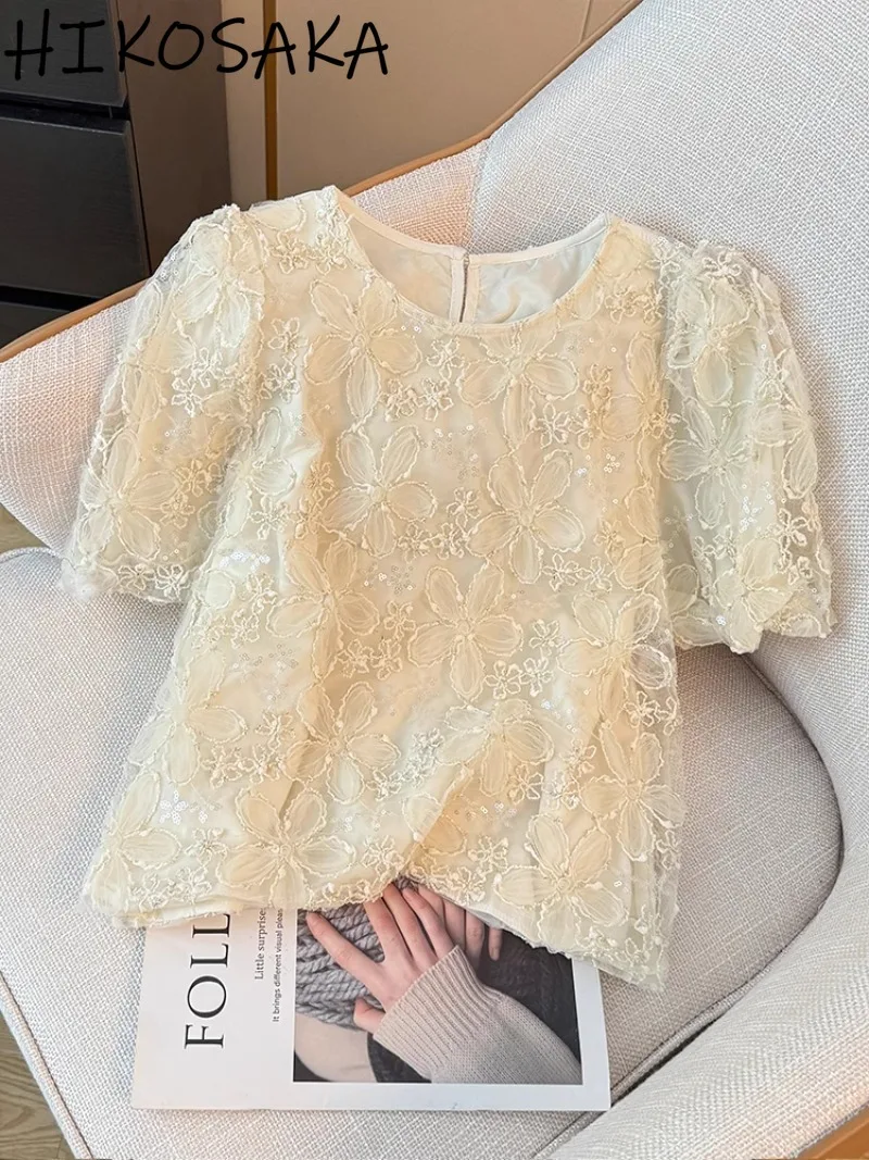 French Style Sweet Loose Elegant Top Heavy Work Sequin Florals Puff Sleeve Blouses 2024 Summer New Chic Fresh Fairy Blusas