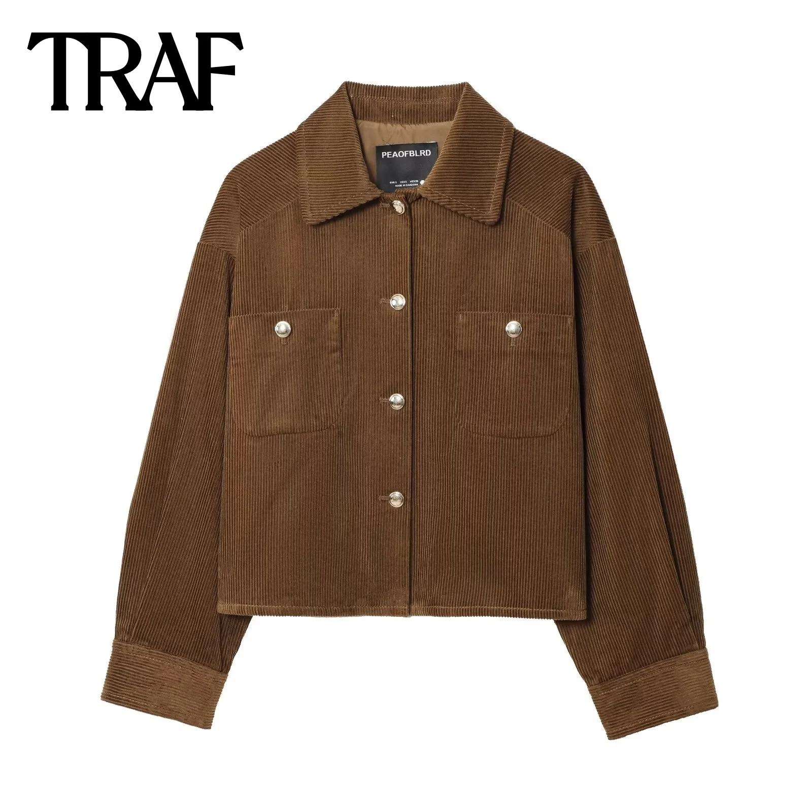 

TRAF Autumn New 2025 Corduroy Large silhouette Fashionable and Versatile Long Sleeve Loose Collar Pocket Single breasted Coat