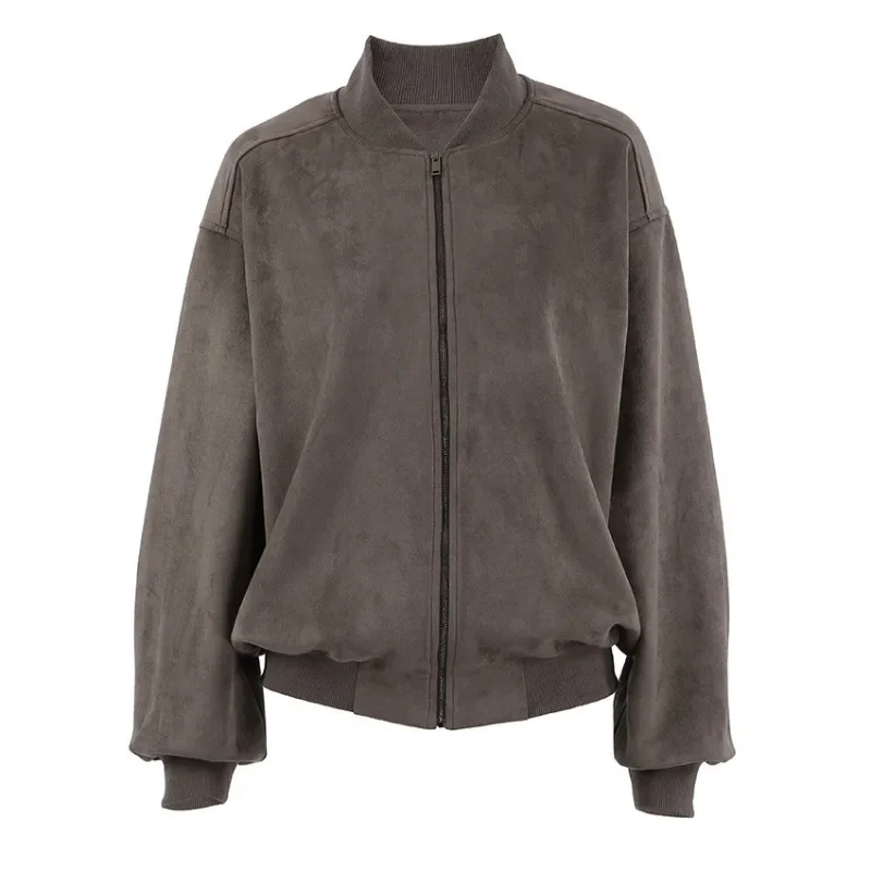 2026 Autumn Winter Cross-border Retro Grey Suede Jacket Minimalist Women's Long-sleeved Short Zipper Jacket with A High-end Feel