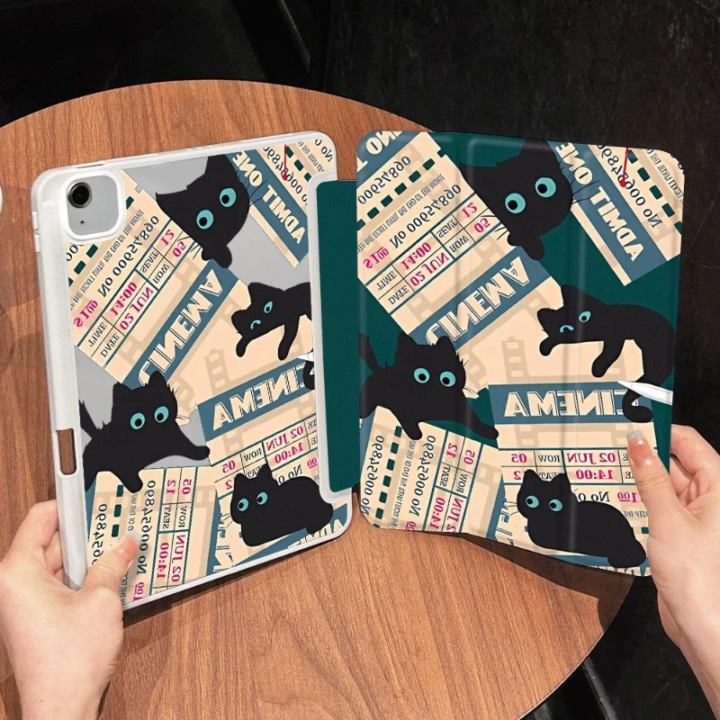 Tablet Case for IPad Pro 11 2022 IPad Air 5 Air 4 10.9 10.2 9th 8th 7th Ipad Pro 10.5 Black Kitten Print Literary Vintage Style