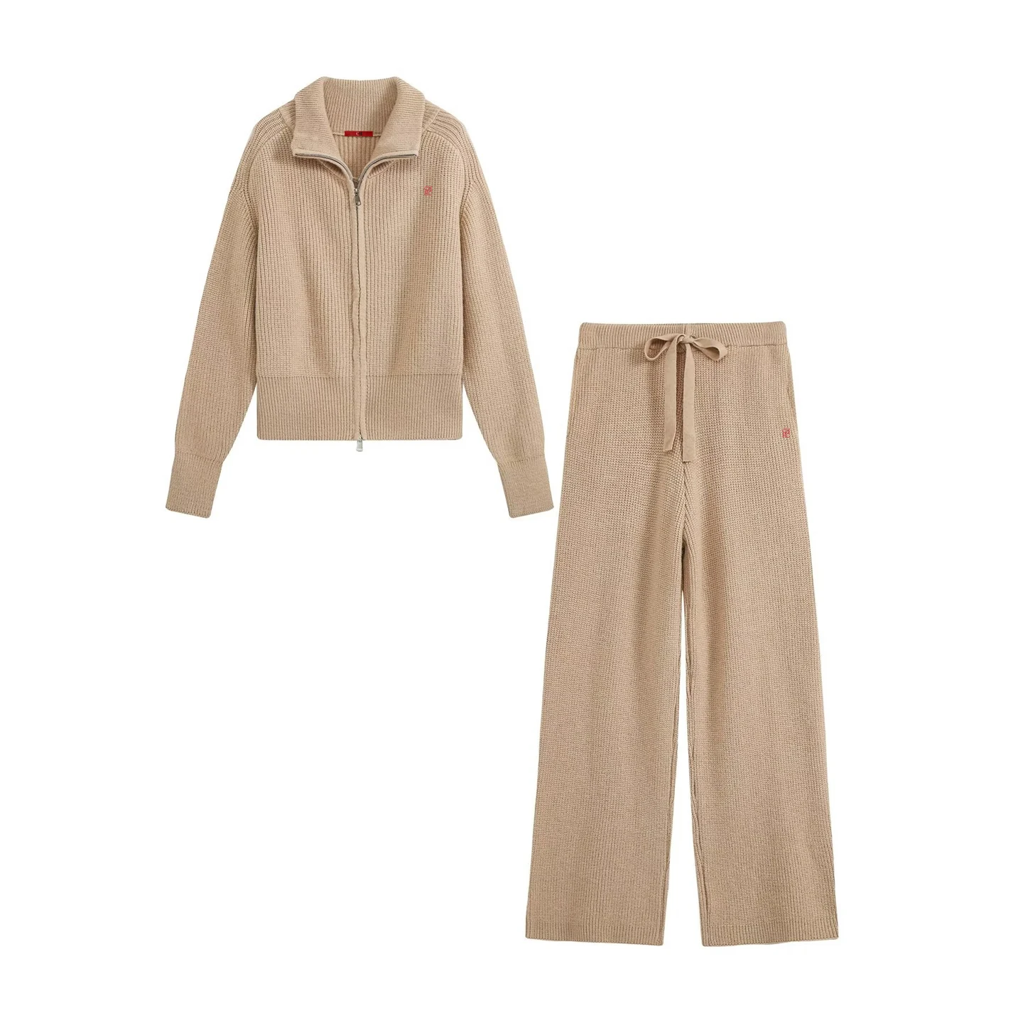 Women Zip Up Collar Knit Two Piece Set Red Embroidered Logo Long Sleeve Cardigan Drawstring Wide Leg Pants Outfit Suit view 6
