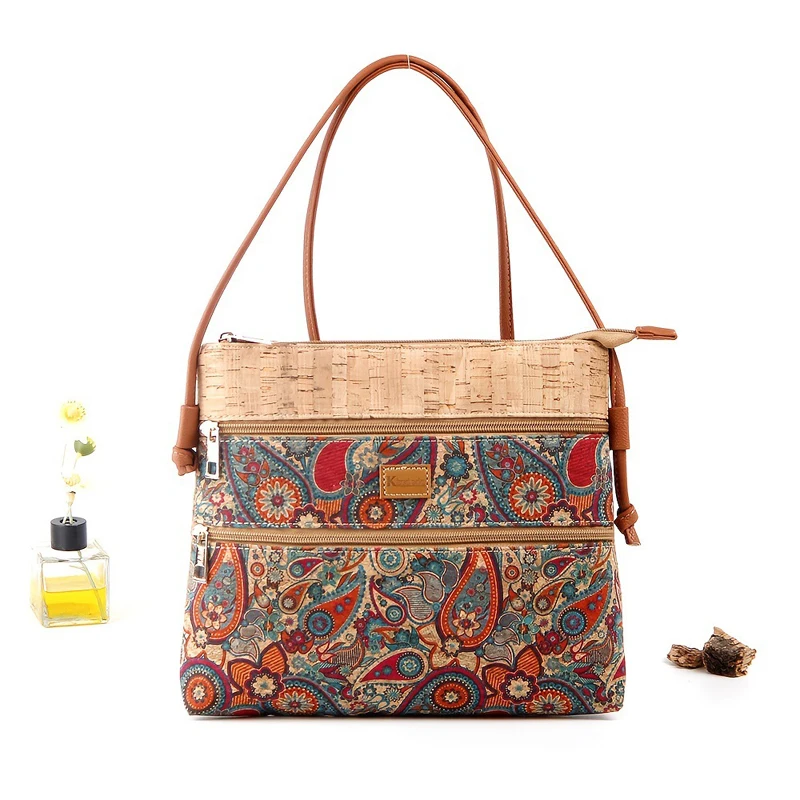 2pcs Crossbody Bags Cork Leather Paisley Printing Large Capacity Protable Shoulder Bag