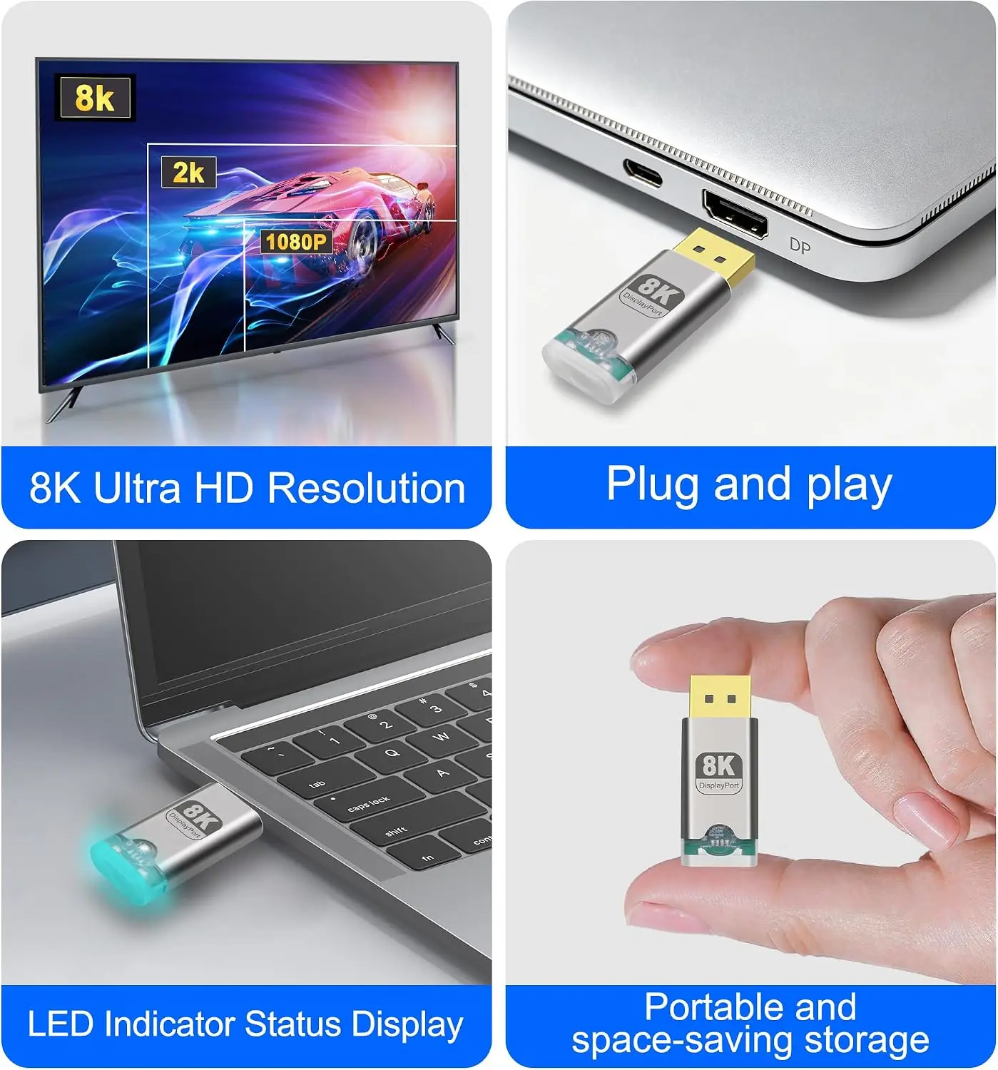 8K DP Dummy Plug Display EDID Emulator DisplayPort Virtual Monitor | HDR Headless Ghost Adapter Supports 7680x4320@30Hz with LED
