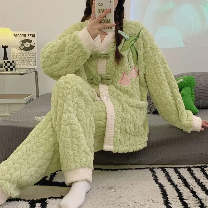 Coral Velvet Pajamas Winter Women Thickened Large Size Warm Long Sleeves Nightclothes Sets Female Casual V-neck Homewear Suit