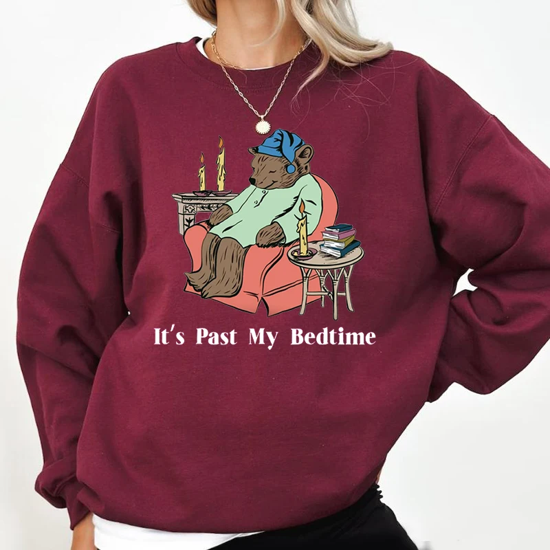 It\'s Past My Bedtime Sweatshirt Women Funny Sleepy Bear Graphic Sweatshirts Trendy Top Pullover Long Sleeve Aesthetic Clothing