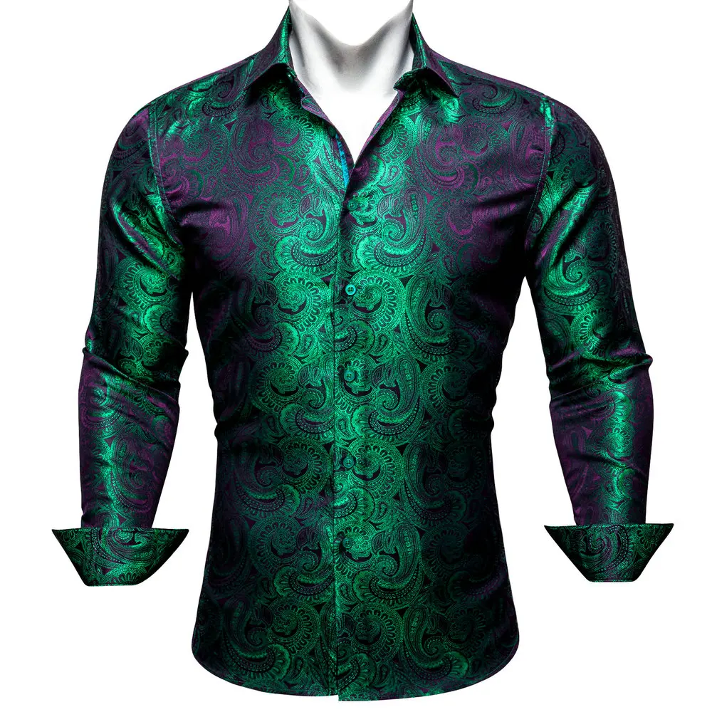 Luxury Silk Shirts for Men Green Paisley Long Sleeved Embroidered Tops Formal Casual Regular Slim Fit Blouses Anti Wrinkle 615