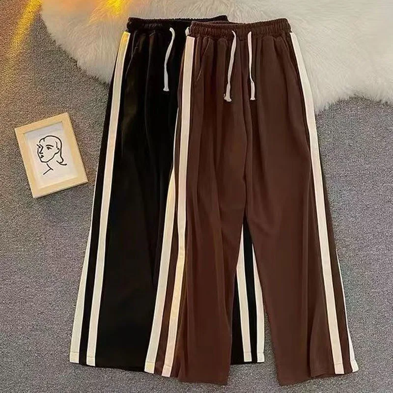 2023 Spring and Autumn Women\'s New High Street Stripe Straight Leg Sports Pants Korean Loose Casual Versatile Wide Leg Pants