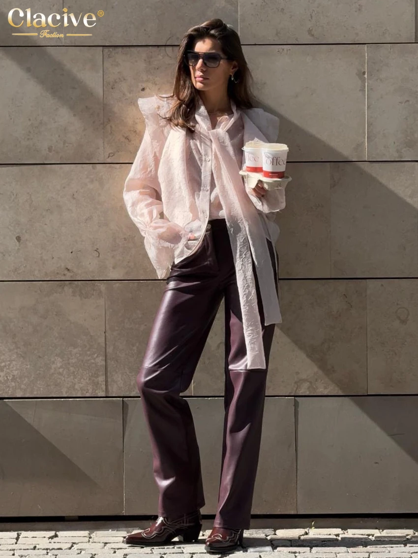 Clacive Casual Loose Pink Women's Shirt 2025 Fashion Lapel Long Sleeve Blouse Elegant Classic Ruffle Lace-Up Top Female Clothing