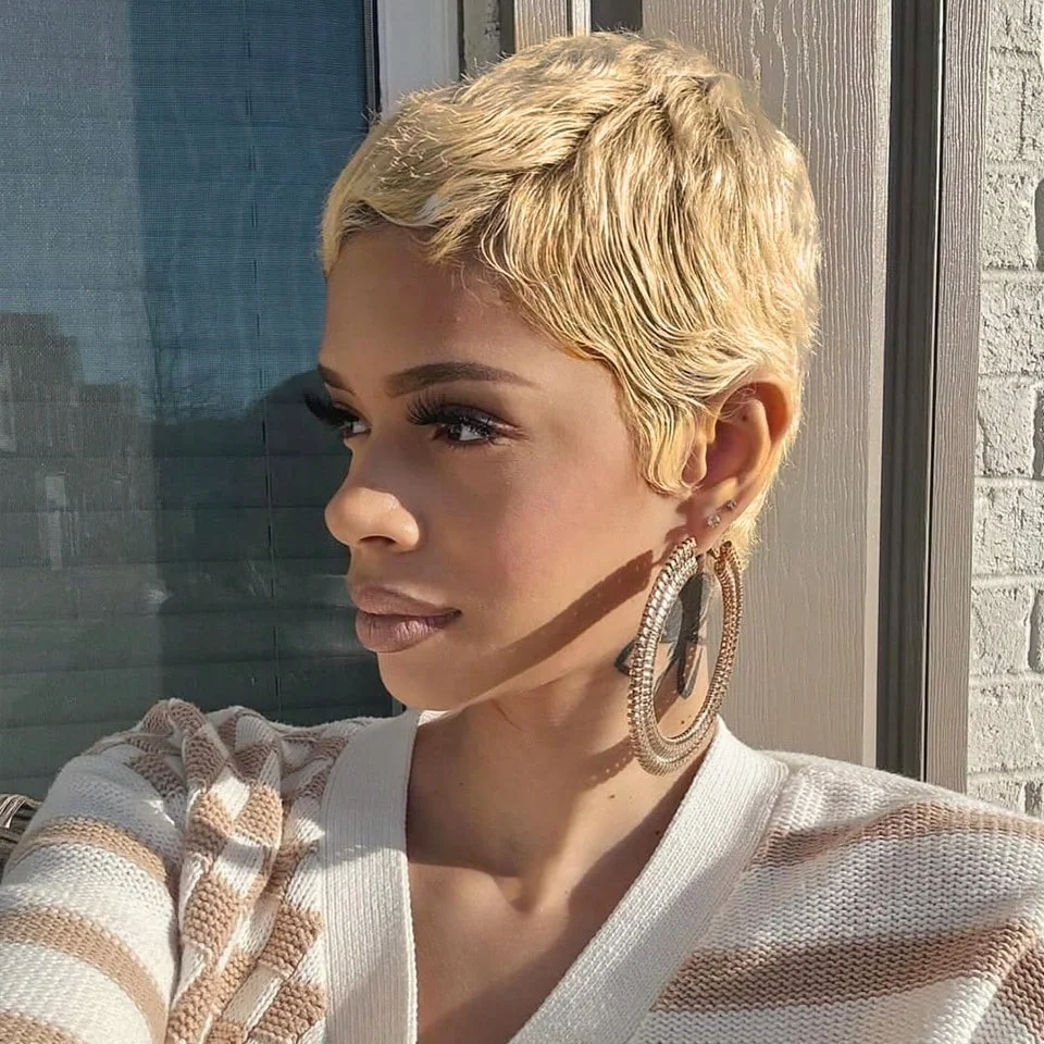 

Парик с стрижкой пикси для женщин, короткие волнистые 27 бразильских человеческих волос, полный парик машинного производства