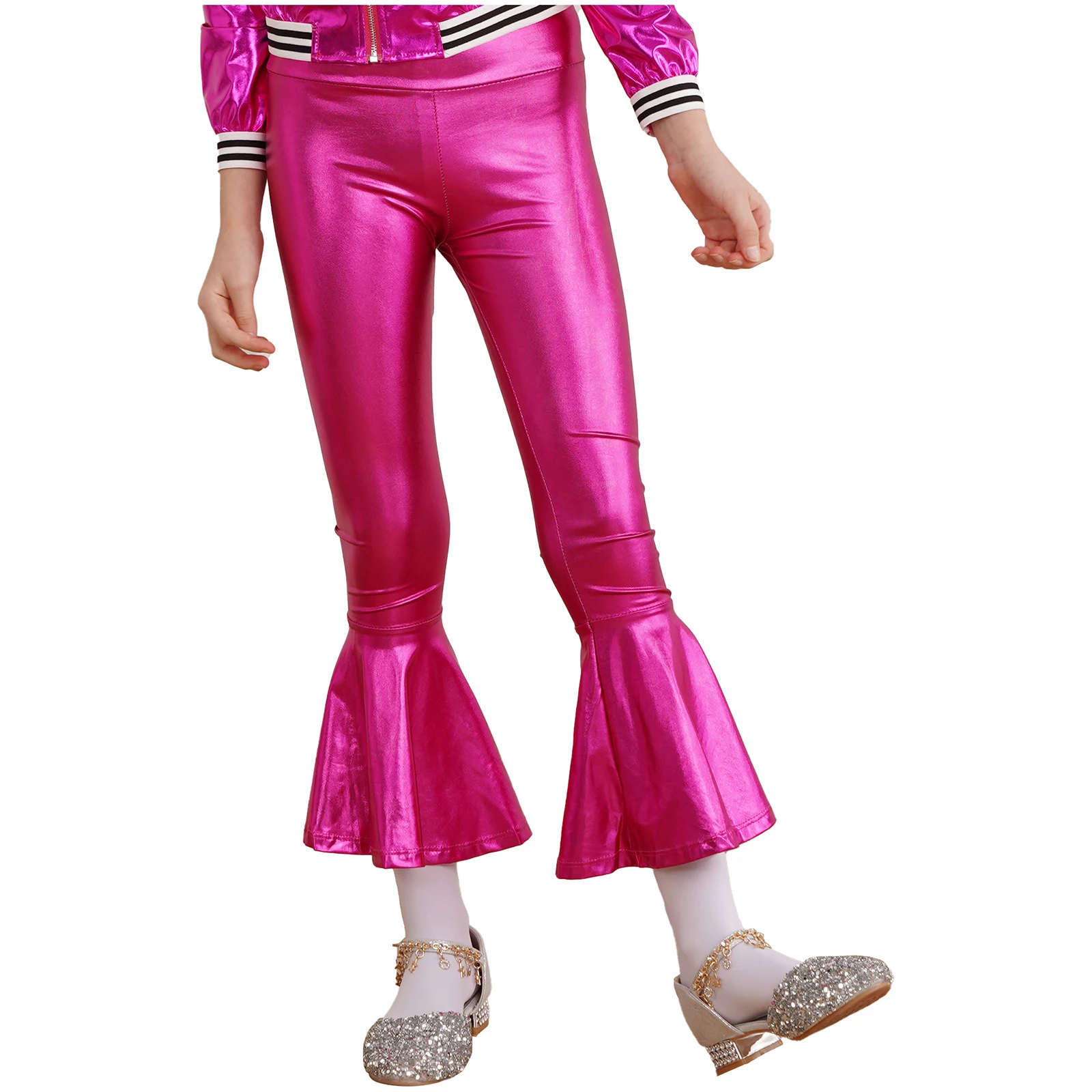 Kids Girls Shiny Metallic Flared Long Pants Elastic High Waist Ruffle Bell-bottom Pants Jazz Disco Stage Performance Trousers