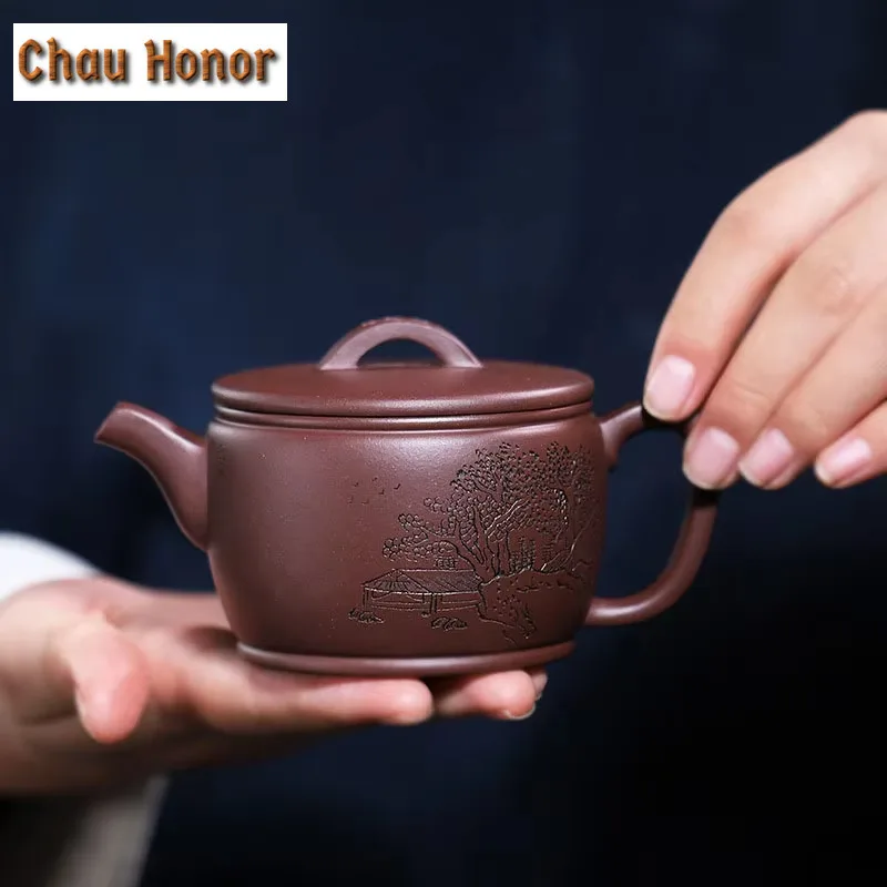190ml Classic Yixing  Raw Ore Purple Clay Teapot Hand Carved Household Puer Kungfu Tea Set Accessories Customized Drinkware Gift