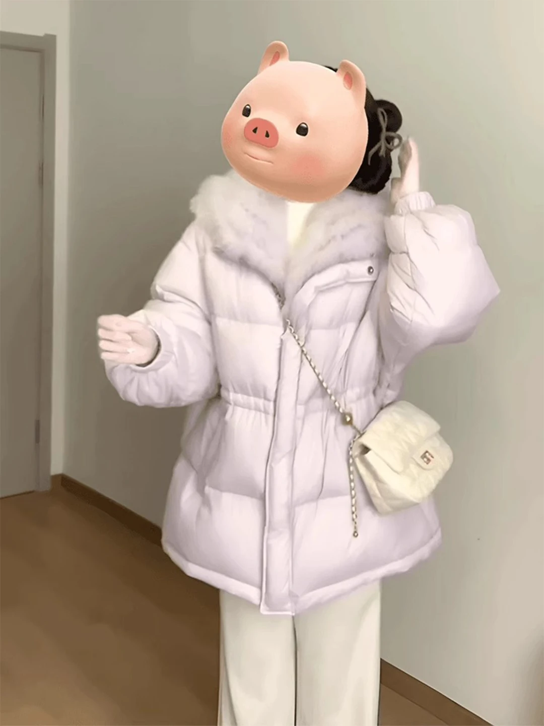 

Detachable Fur Collar Oversized Bread Sle Women's Cotton Jaet Korean Version Thiened Long Sve Zipper Closure Coat