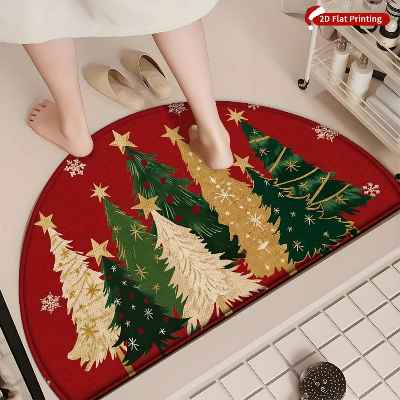 VIKAMA Christmas Semicircular Bath Mat Xmas Tree Star Snowflake Print Non Slip Mat For Bathroom Entrance Xmas Decor