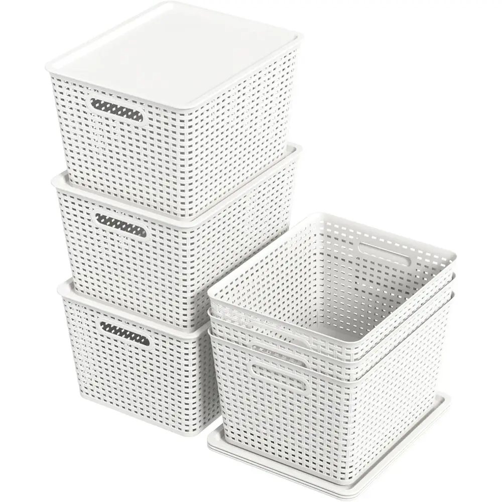 

Складные белые пластиковые корзины для хранения с крышками, набор из 6 штук, для организации пространства в шкафах и кладовках, 14.09 x 11.69 x 8.78 дюймов