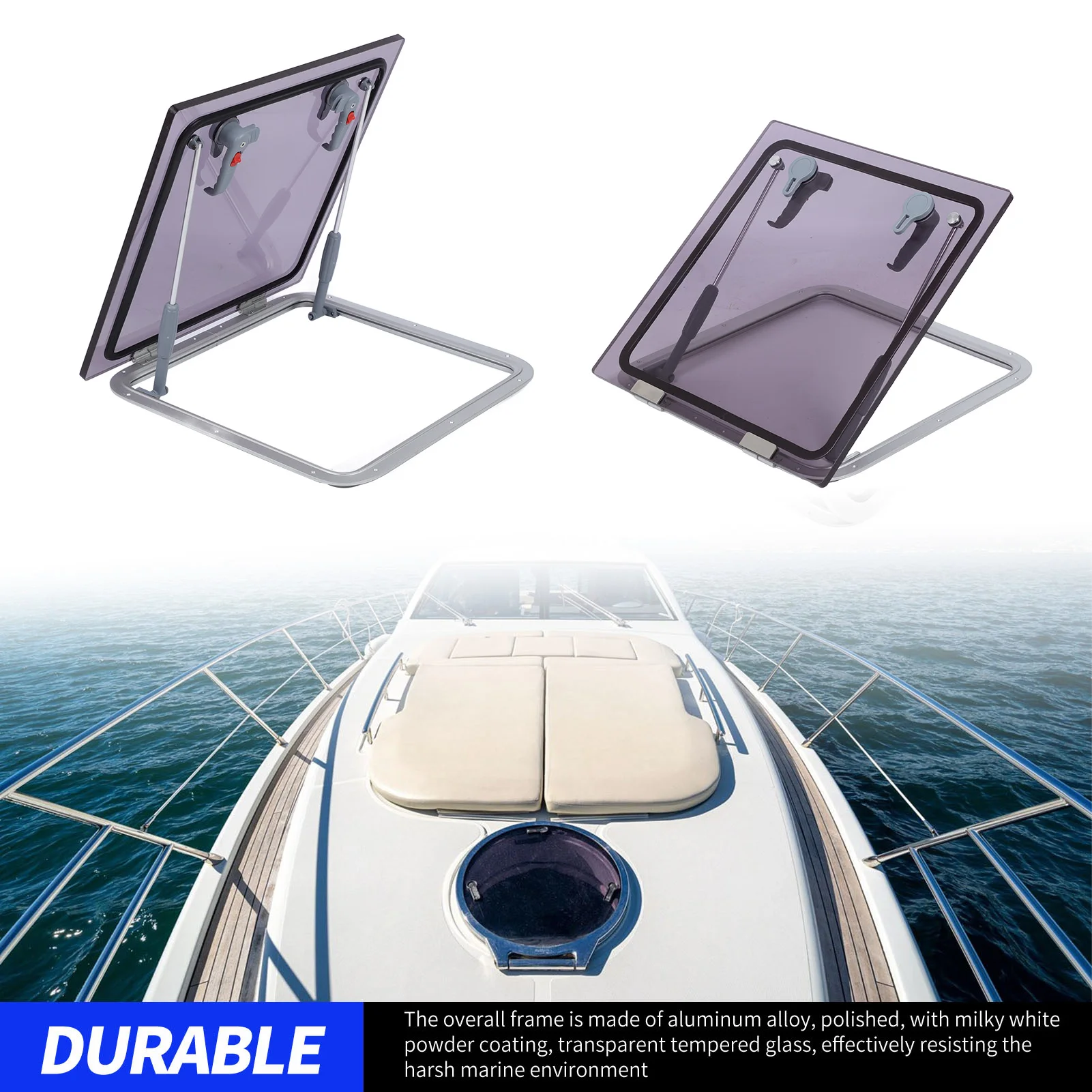 500x500mm Skylight Heavy Duty Aluminum Alloy UV Resistant Sealed Porthole Window with Stainless Steel Support Rod for Boat RV