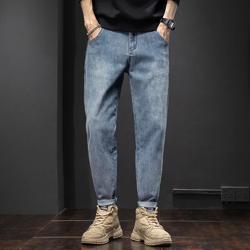 Autumn And Winter Thick Men's Jeans Men's Slim Fit Small Feet Light Casual Long Pants Men's 2024 Autumn New Fashion