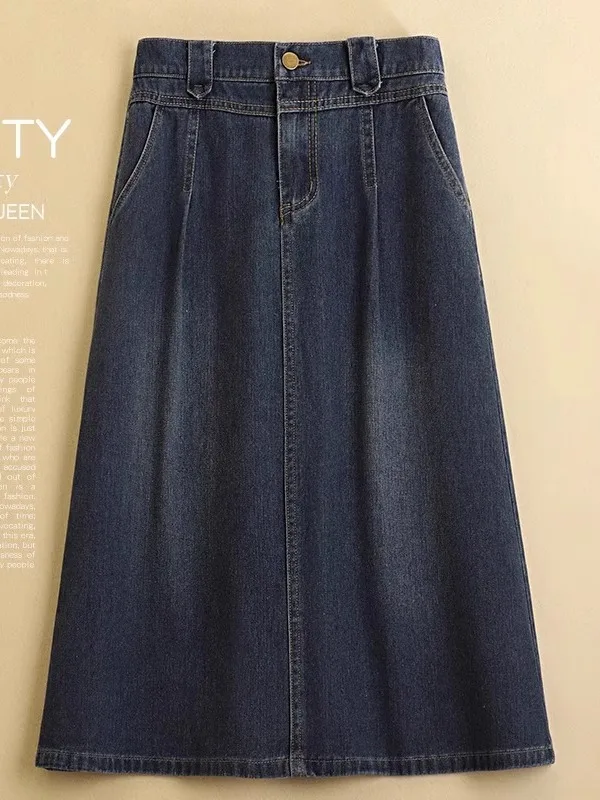 High Waist Midi Denim Skirt Women's Fashionable Versatile Retro Spring Summer New Style A-Line Skirt Commute Pure Color