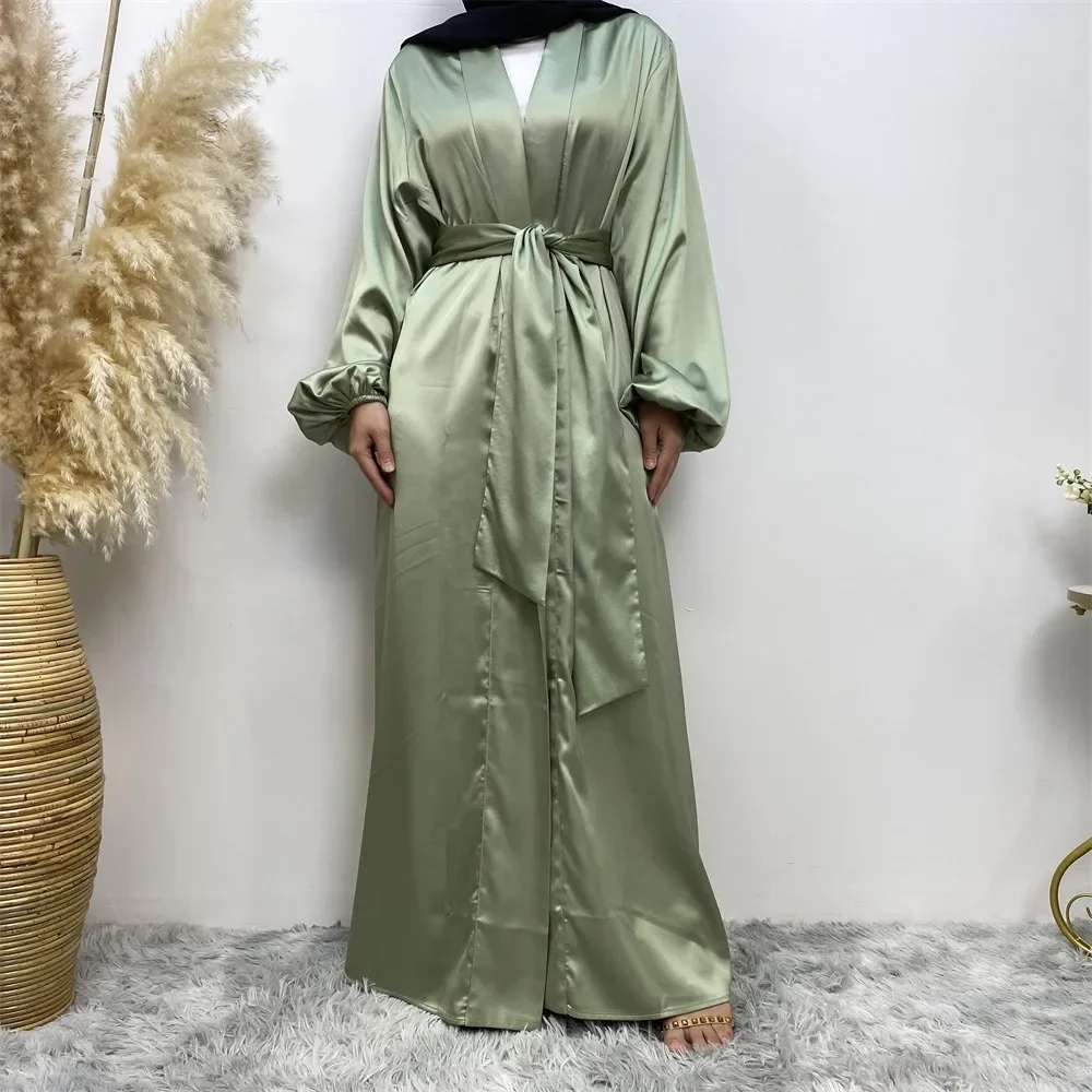 Abaya ouvert modeste turquie caftan Robe en Satin vêtements islamiques Ramadan Eid Kimono musulman Cardigan Robe arabe ceinturée Abayas Kebaya